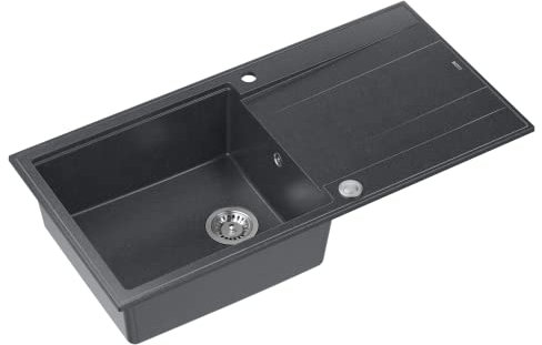 QUADRON Evier Noir et Acier | Taille 100 x 50 x 21 cm | Granit Evier en granit EVAN 146 XL Evier simple de cuisine | avec siphon manuel et égouttoir | 1 bassin évier encastré