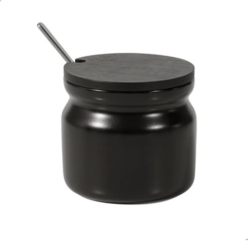 BIHOIB Azucarero redondo negro | Tarro de especias para condimentos, recipiente de sal con tapa de madera y cuchara de acero inoxidable, 10 onzas