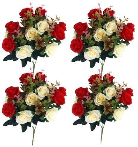 Fleurs de cimetière pour tombe 4 bouquets de fausses roses 11 8'' fleurs artificielles pour tombes 12 têtes de fleurs fleurs commémoratives en soie pour vase funéraire décoration de cimetière rou