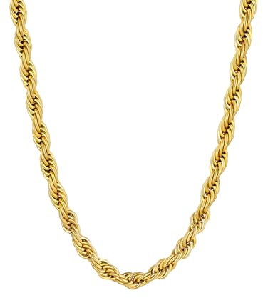 Supcare Rope Chain for Men, 3mm/6mm Gold-Plated Twist Rope Chain in 316L SS, Hand Polished and Maintenance Free, 18-30 Men's Necklaces with Gift Box, Unisex Gift (Gold/Silver/Black)