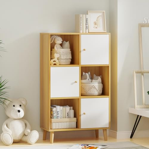 CHOWGOLI Bücherregal, Bücherschrank Standregal, Würfelregal Mit 6 Fächern und 3 Türen, Moderner Stil Aufbewahrungsregal, Bücher Regal Weiß und Beige, 64,5x30x109,5 cm