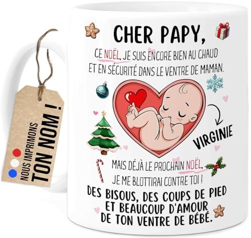 Cupdarling® Mug Futur Papy Personnalisé - Cher Papy Ce Noël Je Suis Encore Dans Le Ventre De Maman - Tasse Cadeau Grand-Père Papi - Cadeau Noël - 330 mL Céramique