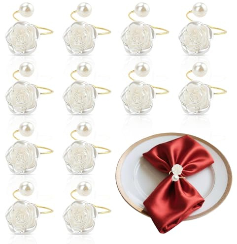 CHENKEE 12 Stücke Serviettenringe,Serviettenringe Gold mit Perlen und Rose,Elegante Servietten Schnallen,Metall Serviettenschnallen,für Hochzeit Party Thanksgiving Weihnachten Familienessen