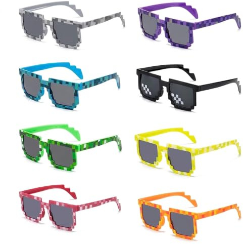 Dexpally 8 Pixel Sonnenbrille Bunt Pixel Mosaik Brille Bunt Mosaik Thug Life Brille Bunte Pixel Brille 12 Silikon Spiel Pixel Armband 12 Schlüsselanhänger (32-teiliges)