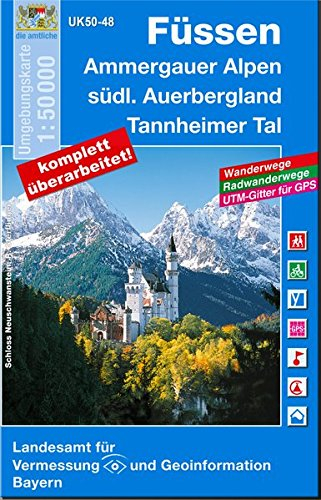 UK50-48 Füssen: Ammergauer Alpen, südliches Auerbergland, Tannheimer Tal, Neuschwanstein, Hohenschwangau, Nesselwang, Roßhaupten, Steingaden, ... Karte Freizeitkarte Wanderkarte)