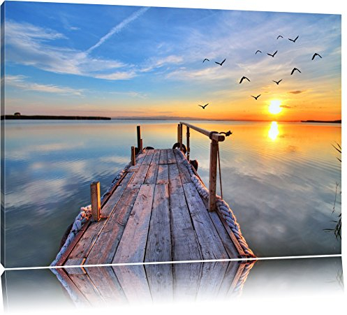 Pixxprint Steg mit Möwen bei Sonnenuntergang, Größe: 80x60cm, Leinwandbild, fertig gespannt, Wandbild, Dekoration, Kunstdruck, kein Poster