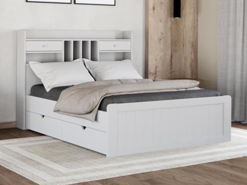Vente-unique Holzbett mit Stauraum & Schubladen - 140 x 190 cm - Weiß - MEDERICK