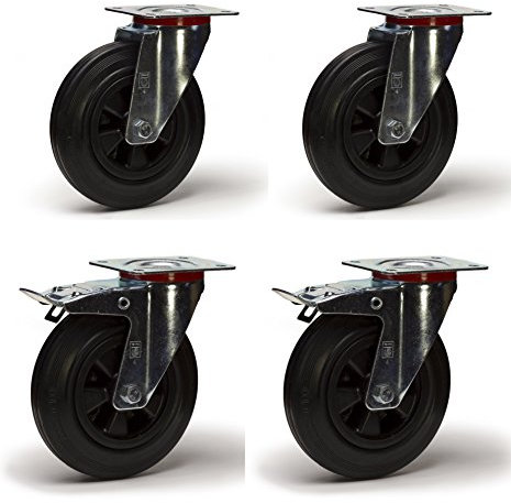 Lot de 4 roulettes pivotantes et pivotantes à frein caoutchouc noir 100 mm - 210 Kg