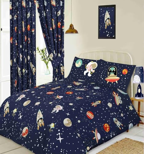 KIDZ KOLLECTIONZ Single Bed Space, Duvet/Quilt Cover Set, Novelty Kids Galaxy Stars Planets Alien Spaceship Moon, Navy Blue Orange Yellow Grey White
