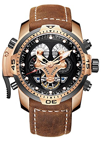 REEF TIGER Militär-Uhren für Herren, Lederband, Sportuhr, komplizierte Automatikuhren, RGA3503, Orga3503-pbsg1, Riemen