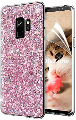 OKZone Galaxy S9 Hülle, Glitzer Bling Designer Weich TPU Bumper Case Silikon Schutzhülle Handy Tasche Rückseite Hülle Etui Cover TPU Bumper Schale für Samsung Galaxy S9 (Rosa)