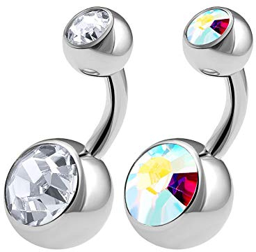 KJM FASHION 2 Stk Edelstahl Bauchnabel 1,6 mm 14 g 6 mm 1/4 Klar Aurora Borealis Kristallkugel Navel Belly Nabel Barbell Nabel Ohrringe Piercing Schmuck 0568