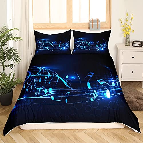Loussiesd Music Note Duvet Cover Dream Theme Blue Bedding & Linen for Teen Boys Kids Girls Geometric Stripe Pattern Bedding Set,1 Duvet Cover with 1 Pillow Cases Music Hobby Single Size
