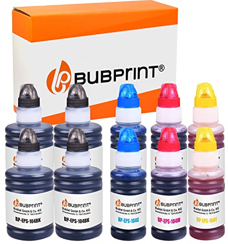 Bubprint Tinte kompatibel 104 10 Tinten kompatibel als Ersatz für Epson Ecotank ET-2710 ET-2711 ET-2712 ET-2714 ET-2715 ET-2720 ET-2721 ET-2726 ET-4700 Unlimited Schwarz Cyan Magenta Gelb Multipack