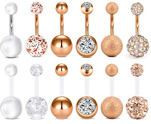 Rajnard Bauchnabelpiercing chirurgenstahl Rosegold 14G Bauchpiercing 12 Stil Nabelpiercing Bauchnabelring retainers bioflex Banane flexibel Kunststoff für Frauen Mädchen 10mm