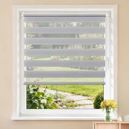 Buseu Store Enrouleur Jour Nuit Sans Perçage, Gris, 95 x 220 cm | Largeur du Tissu 95 cm, Rideau Translucide & Occultant, Fixation par Clips, Pour Fenêtre & Porte de Salon, Bureau, Chambre