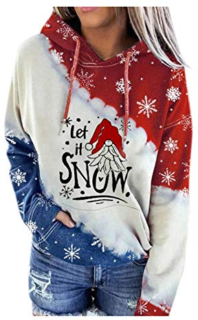 Lazzboy Kapuzenpullover Damen Weihnachts Schneemann Druck Hoodie Pullover Freizeit Brief Printing Farbblockierung Kapuzenoberteilen Sweater Revers Lamm Karo Wolle (Weiß-Snow,L)