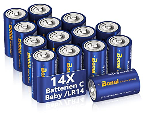BONAI Batterie C Baby Alcaline 1,5 V (confezione da 14) 7000 mAh Pile Torcia Tipo C ad alta capacità, durata 10 anni, LR14 a prova di perdite