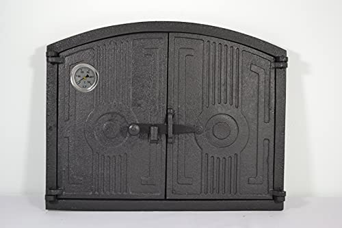 Euro Sezam - puerta de horno semicircular de hierro fundido - puerta de horno maciza y gruesa - puerta de horno de pizza con termómetro de 500c - AA001 - puerta doble con cerradura de puerta - 48x38