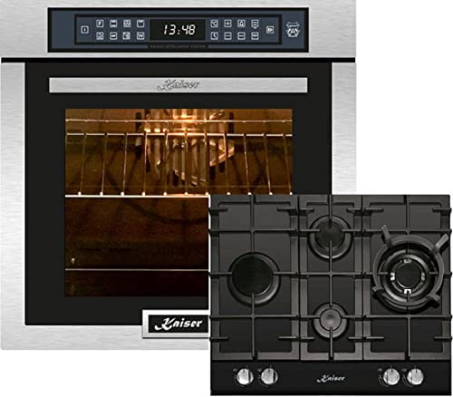 Kaiser Olan Herd-Set EH 6306 R + KCG 6394, Elektro Einbaubackofen,Edelstahl,79L 15 Fkt. Grill Air fryer Full Touch + Einbau Gaskochfeld 60cm, Schwarz Glas, Einbau Herd, 3,8kW WOK, Erdgas, Propangas