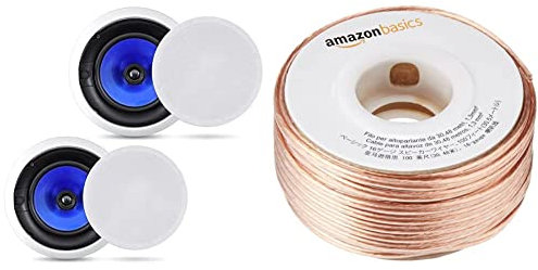 Système de haut-parleurs encastrés au plafond à 2 voies, double paire de haut-parleurs à encastrer au plafond 6,5 pouces & Amazon Basics Câble audio pour haut-parleur Calibre 16 Section 1,3mm², 30,48m