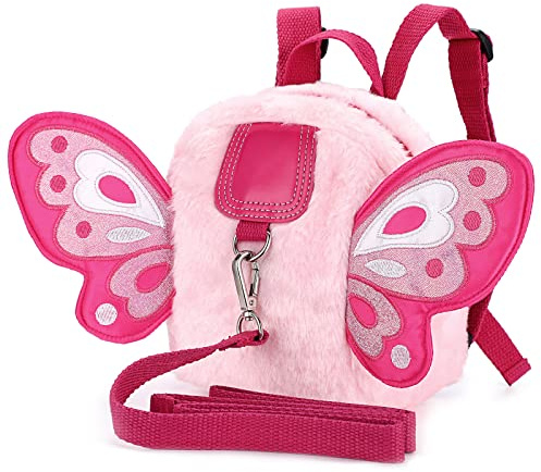BTSKY Fluff Butterfly Baby Kleinkind Rucksack mit Sicherheitszügel, Rosa | Kinder-Geschirr, Anti-Verlust-Geschirr, Leine, Gurt, für Kinder, Spaziergänge und Reisen im Freien