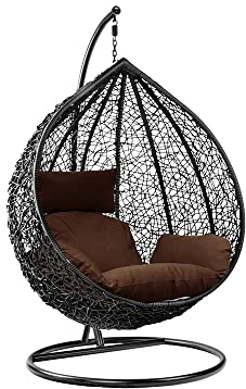 Rattan Swing Egg Chair Hanging Garden Hammock with Cushions & Stand Outdoor Indoor Furniture (Black Egg Chair & Brown Cushion)