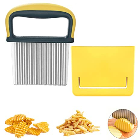 Neoreser Pommes Wellenmesser, Wellenschneider Gemüse, Edelstahl Kartoffelschneider, Pommes Frites Schneider Pommesschneider Riffelmesser Mit Schützendem für Obst Gemüse Salat Schneider Werkzeug (Gelb)