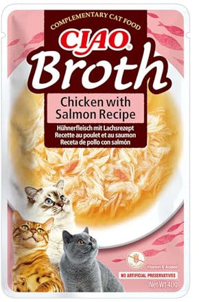 INABA Ciao Broth Katzenfutter Nass 88% Feuchtigkeit und Vitamin E, Premium Katzensuppe mit Huhn & Lachs 40 g (1er Pack), 100% natürliches Fleisch, Getreidefrei, Zuckerfrei