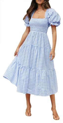 ZESICA Damen 2024 Bohemian Summer Plaid Square Neck Puffärmel Rüschen Flowy Beach Midi Kleid, Hellblau, X-Klein