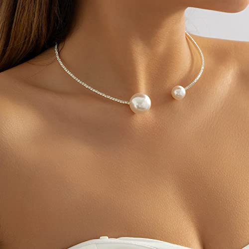 Clataly Imitation Pearl Open Collana Semplice Single Layer Bracciali Argento Cristallo Delicato Open Choker Collana Gioielli per le Donne e le Ragazze (Collana di perle)