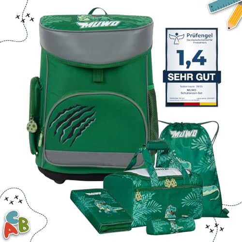 MUWO Kinder Schulranzen Set 5tlg. ergonomischer leichter Schulrucksack mit Sporttasche, Turnbeutel, Federmappe, nur 920 gramm (Dinosaurier Design)