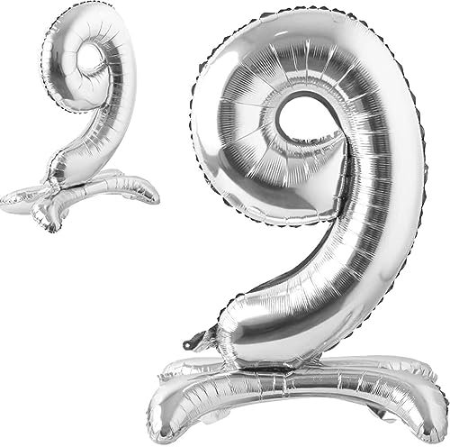 Stehende Luftballons * Zahlen 0 bis 9 * in Gold + Silber + Rosegold | 86cm groß; kein Helium nötig | Stehballons Geburtstag Deko Zahl Party Kindergeburtstag Partydeko, Farbe: Zahl 9 Silber