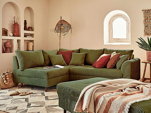Lisa Design Rune – Ecksofa Links – 4-Sitzer – mit hocker – aus Cord Grün