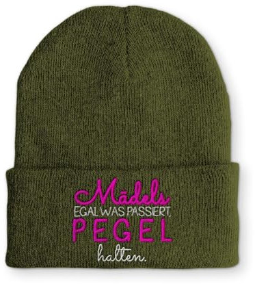 tshirtladen Mädels egal was passiert, Pegel halten. Statement Beanie Mütze mit Spruch, Farbe: Olive