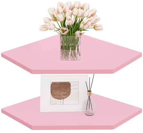 Homode Eckregale Schweberegale, Eckwandregal mit Kordelloch, 2 Etagen Holz Hängende Eckregal für Badezimmer, Schlafzimmer, Wohnzimmer, Rosa