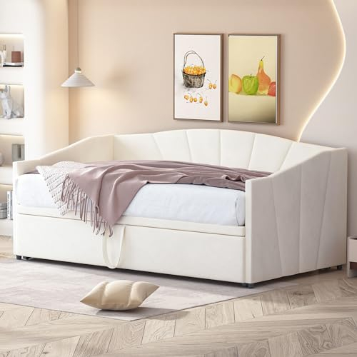 ZYLOYAL10 Letto imbottito Divano letto estraibile 90/180 x 200 cm con rete a doghe, letto multifunzione in tessuto di velluto delicato sulla pelle (beige)