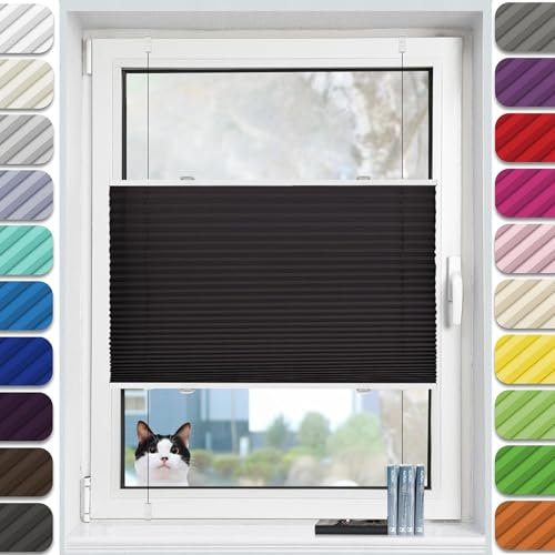 No Drill Blinds Temporary Window Blinds, 115 x 140 cm Light Filtering Privacy Protection Vertical Pleated Blackout Blinds with Install Accessories, for Kitchen Patio Doors, Black