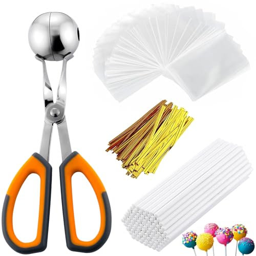 Cake Pop Making Kit,Including 100 Cake Pop Sticks 4 Inch Sucker Sticks,100 Cake Pop Bags with Twist Ties,Cake Pop Mold Scooper,Cake Pop Maker Tools for Cakepops,Lollipop,Candies,Chocolates and Cookies