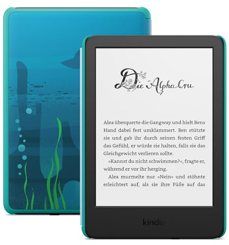 Amazon Kindle Kids (16 GB) – Falls das Gerät kaputtgeht, ersetzen wir es. Inklusive altersgerechter Bücher, Hülle, blendfreiem Bildschirm und schnellerem Umblättern – Ozeanentdecker-Design