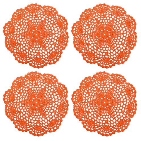 sourcing map Häkeldeckchen, 4 Stück, 20,3 cm, handgefertigt, gehäkelte Baumwoll-Untersetzer, runde Spitzen-Tischsets mit Blumenmuster für Hochzeit, Party, Dekoration (Orange)