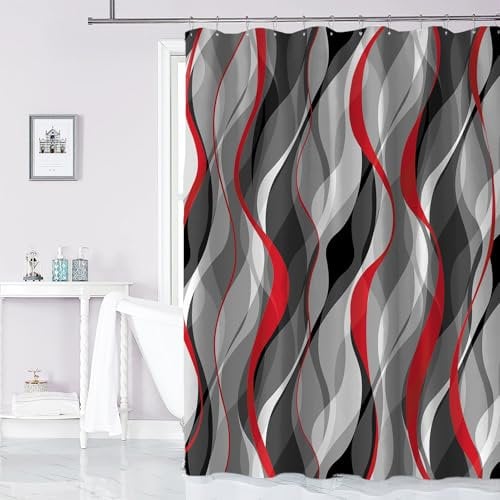 weesire Red and Grey Shower Curtain for Bathroom Red and Gray Shower Curtain Fabric Modern Abstract Striped Minimalist Bath Curtains Waterproof Shower Curtains Set, Black Gray White, 72 x 72 Inch