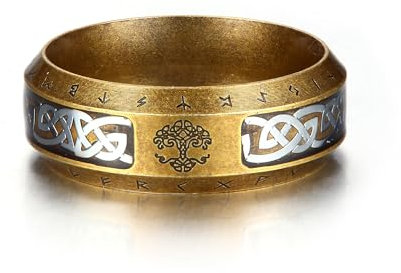 GTHIC Anello a fascia vichingo con albero della vita in acciaio inossidabile da 8 mm per uomo e donna Anello con amuleto Yggdrasil tono oro con nodo celtico taglia USA 9