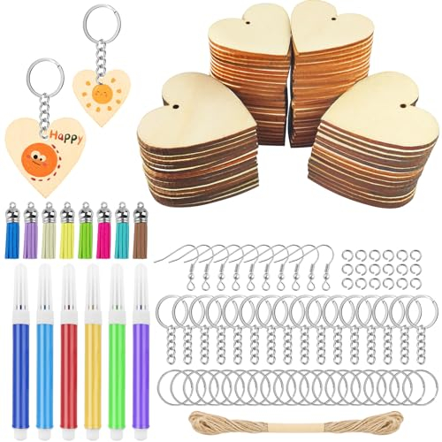 HavaCue 80 PCS Coeur en Bois Avec Trou - Porte Clef Bois 4/5cm Avec Trou Coeur en Bois, Porte Clé bois, Lot Porte Clef en Bois Personnalisable la Peinture à la Soudure