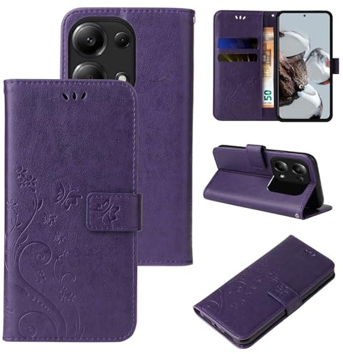 LBH Handy Hülle für Xiaomi Redmi Note 13 Pro Case Handytasche Schmetterling Blumen Flower Standfunktion Schutzhülle Magnet Rundum Schutz 360 Grad Flipcase Cover Violett