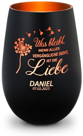 GRAVURZEILE Deko Windlicht aus Glas mit Gravur - was bleibt, wenn Alles Vergängliche geht - Personalisiert - Trauerlicht für Teelichter und Kerzen - Grabschmuck zur Beerdigung - Schwarz/Bronze