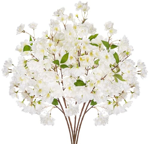 Hollyone Lot de 5 Fleur Artificielle Blanc Branches de Cerisier Artificielles 69cm, Fleurs de Printemps Fleurs de Décoration pour Vase Bouquet de Pêche pour Arrangement de Fleurs Décoration