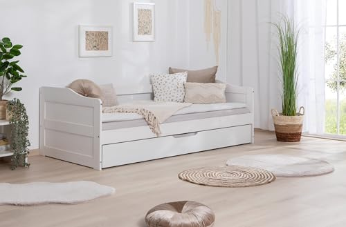 TiCAA Einzelbett Sofabett Funktionsbett, Melinda mit Zusatzbett für Schlafzimmer, Kinderzimmer Kiefer Massivholz Bettgestell 90 x 200 cm