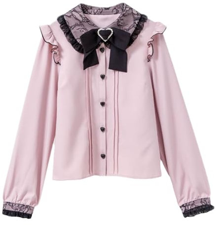 Cuteighteen Lolita Chemisier victorien à manches longues en dentelle avec col Peter Pan pour femme Style gothique Kawaii vintage avec nœud à volants, rose, Taille 3XL