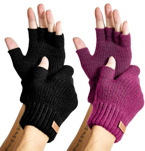 JYUYNY Gants sans Doigt - Mitaines Tricotées Extensibles et Chauds pour Hommes et Femmes - Gants d'Hiver (Noir et Rose)